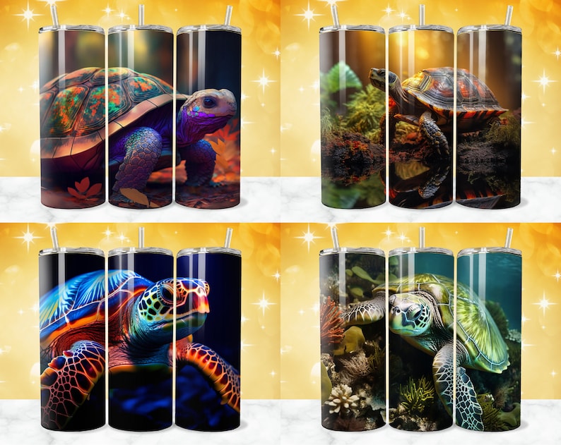 May include: Set of three stainless steel tumblers with colorful turtle designs. The tumblers feature a variety of turtle species, including a sea turtle, a land turtle, and a painted turtle. The tumblers are perfect for keeping drinks cold or hot.