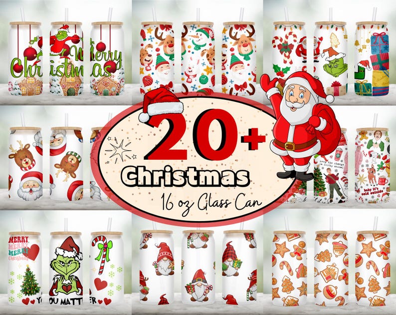 Peut inclure: Plus de 20 designs sur le th&egrave;me de No&euml;l pour des canettes en verre de 473 ml. Les designs pr&eacute;sentent divers personnages de No&euml;l, notamment le P&egrave;re No&euml;l, le Grinch, un bonhomme de neige, des rennes et des lutins. Certains designs pr&eacute;sentent des cannes en sucre, des biscuits de pain d'&eacute;pices et d'autres friandises de No&euml;l.