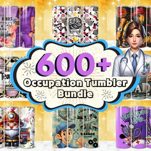 May include: A collage of images featuring various occupations, including a doctor, a teacher, a firefighter, and a mechanic. The images are displayed on colorful backgrounds with text that reads "600+ Occupation Tumbler Bundle".
