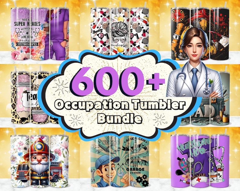 K&ouml;nnte beinhalten: Eine Collage mit Bildern verschiedener Berufe, darunter ein Arzt, ein Lehrer, ein Feuerwehrmann und ein Mechaniker. Die Bilder sind auf bunten Hintergr&uuml;nden mit dem Text "600+ Occupation Tumbler Bundle" dargestellt.