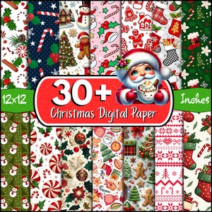 Può includere: Una collezione di carte digitali a tema natalizio, ciascuna di 30,48 x 30,48 cm, con motivi festivi. I disegni includono Babbo Natale, pupazzi di neve, bastoncini di zucchero, alberi di Natale e ornamenti natalizi. Il testo "30+ Christmas Digital Paper" è incluso.