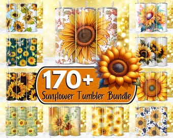 May include: A set of 170+ sunflower tumbler designs. The tumblers feature various sunflower patterns, including watercolor, line art, and photographic styles. The designs are perfect for adding a touch of summer to your home decor.