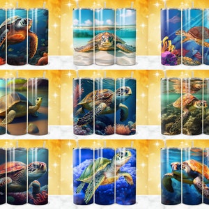 May include: Nine stainless steel tumblers with various designs featuring sea turtles in different underwater scenes. The tumblers are in three rows of three, with each row featuring a different color scheme. The tumblers are all the same size and shape, and they have a straw hole in the lid.