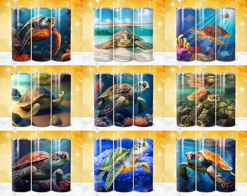 May include: Nine stainless steel tumblers with various designs featuring sea turtles in different underwater scenes. The tumblers are in three rows of three, with each row featuring a different color scheme. The tumblers are all the same size and shape, and they have a straw hole in the lid.