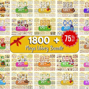 May include: A promotional image showcasing a large bundle of decorative items. The image features a variety of designs, including seasonal and themed patterns. The text highlights a 'Mega Libbey Bundle' with '1800+' items and a '75% OFF' promotion.