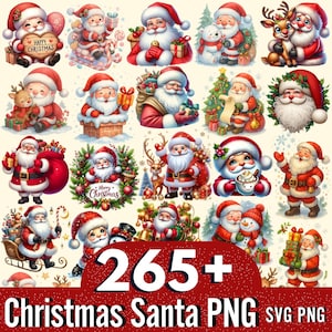 May include: A collection of Christmas-themed Santa Claus illustrations in various poses, wearing red suits and hats. Some Santas hold gifts, and others are with reindeer or snowmen. The image includes the text "265+ Christmas Santa PNG SVG PNG".