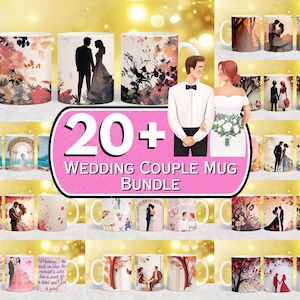 Lot de 20 tasses pour couple mariage, emballage de tasse amoureux, emballage de tasse à café couple, emballage de tasse à café 11 oz et 15 oz, sublimation de couple café Design PNG