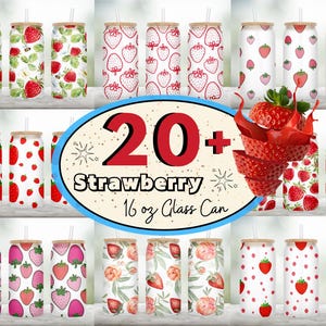 20 + Strawberry Glass Can Bundle, Strawberries Libbey Glass, 16oz Strawberries Libbey Glass, Cute Berry Sublimation Design, Commercial use