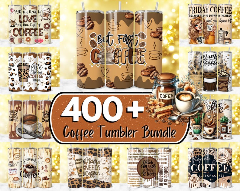 K&ouml;nnte beinhalten: Eine Sammlung von Kaffeebechern mit verschiedenen Designs, darunter Kaffeebohnen, Zitate und Blumenmuster. Das Bild zeigt ein Bundle von &uuml;ber 400 Bechern, ideal f&uuml;r Kaffeeliebhaber.