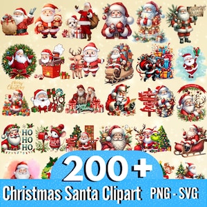 May include: A collection of 200+ Christmas Santa clipart images in PNG and SVG format. The images feature Santa Claus in various poses and settings, including with presents, reindeer, and snowmen. The images are perfect for creating festive crafts, cards, and decorations.