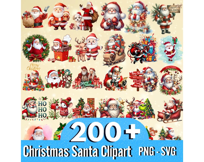 May include: A collection of 200+ Christmas Santa clipart images in PNG and SVG format. The images feature Santa Claus in various poses and settings, including with presents, reindeer, and snowmen. The images are perfect for creating festive crafts, cards, and decorations.