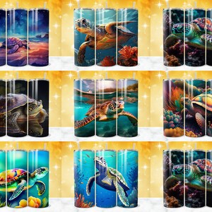May include: Set of nine stainless steel tumblers with various colorful designs featuring sea turtles in different poses and backgrounds. The tumblers are perfect for enjoying your favorite beverages.
