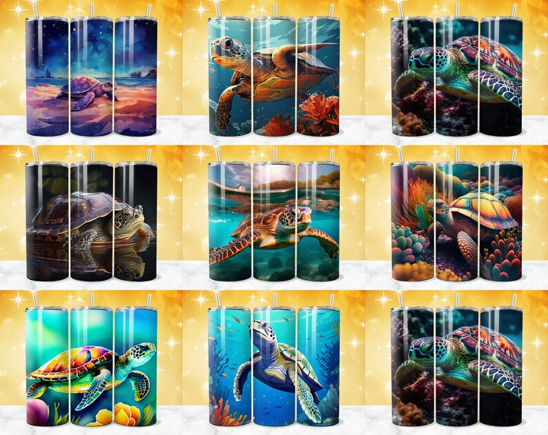 May include: Set of nine stainless steel tumblers with various colorful designs featuring sea turtles in different poses and backgrounds. The tumblers are perfect for enjoying your favorite beverages.