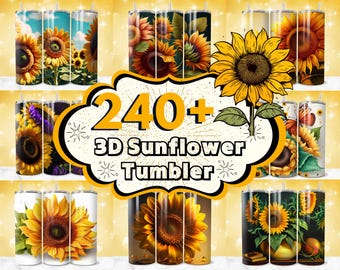 May include: A collection of 240+ 3D sunflower tumbler designs. The tumblers feature a variety of sunflower designs, including single sunflowers, sunflower bouquets, and sunflower fields. The tumblers are all in a variety of colors, including yellow, orange, red, and green.