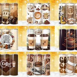 May include: Set of nine different coffee-themed designs for 20 oz tumblers. The designs feature various coffee cups, coffee beans, and coffee-related sayings.
