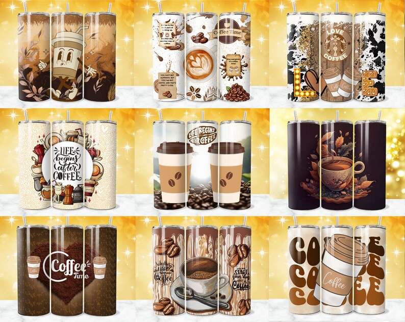 May include: Set of nine different coffee-themed designs for 20 oz tumblers. The designs feature various coffee cups, coffee beans, and coffee-related sayings.