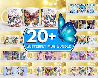 Butterfly Mug Wrap Designs, Floral Sublimation PNG (Digital Download)