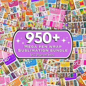 Puede incluir: Una vibrante colección de diseños de envolturas para bolígrafos, con una variedad de patrones y temas. La imagen muestra prominentemente una gran pancarta púrpura con el texto "950+ MEGA PEN WRAP SUBLIMATION BUNDLE In 2 Different Sizes".