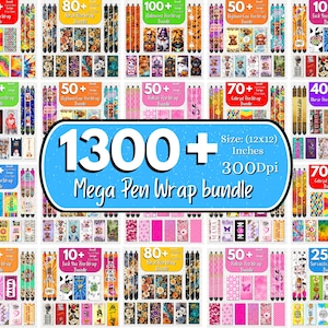 Op de afbeelding: Een verzameling pen wraps met diverse ontwerpen, waaronder bloemen, dieren en patronen. De afbeelding bevat een grote tekstoverlay met de tekst "1300+ Mega Pen Wrap bundle" en afmetingen van 30.48 x 30.48 cm.