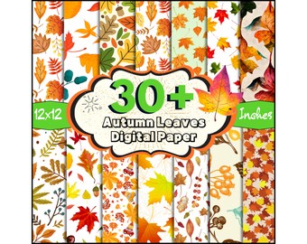 May include: 30+ Autumn Leaves Digital Paper, a set of 12x12 inch digital papers featuring various autumn leaf patterns in shades of red, orange, yellow, and brown.