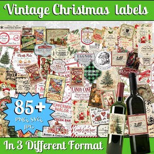 May include: A collage of over 85 vintage Christmas labels in red, green, and white with illustrations of Santa Claus, gingerbread houses, candy canes, and other holiday themes. The labels are in PNG, SVG, and JPG formats.