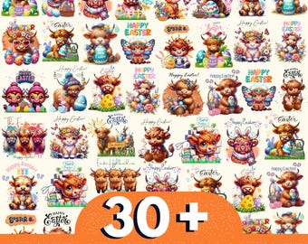 30 + Ostern Highland Kuh Png, Osterkuh Png, süße Highland Kuh Png, Baby Highland Kuh Png, Ostern Tshirt Designs, Ostern Sublimation Png