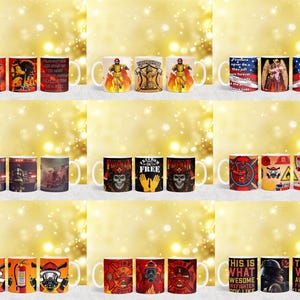 May include: Set of 10 colourful ceramic mugs with various firefighter-themed designs. The mugs feature images of firefighters, fire engines, and fire hydrants. Some mugs have text such as "Freedom is Free" and "This is What an Awesome Firefighter Looks Like".