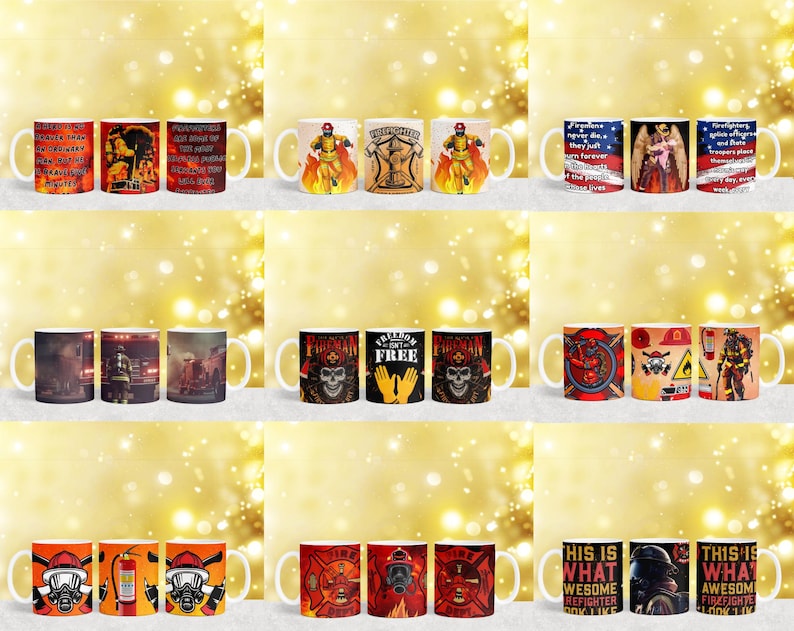 May include: Set of 10 colourful ceramic mugs with various firefighter-themed designs. The mugs feature images of firefighters, fire engines, and fire hydrants. Some mugs have text such as "Freedom is Free" and "This is What an Awesome Firefighter Looks Like".