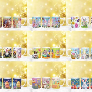 May include: Set of 10 ceramic mugs with various Easter-themed designs. The mugs feature bunnies, chicks, eggs, and other spring imagery. Some mugs have the text "Happy Easter" or "Hoppy Easter".