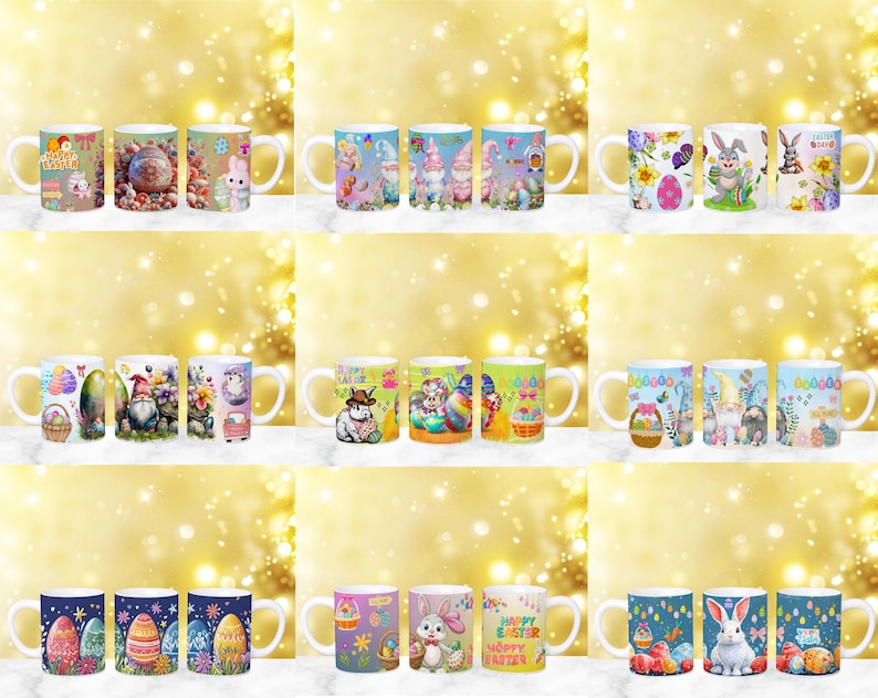 May include: Set of 10 ceramic mugs with various Easter-themed designs. The mugs feature bunnies, chicks, eggs, and other spring imagery. Some mugs have the text "Happy Easter" or "Hoppy Easter".