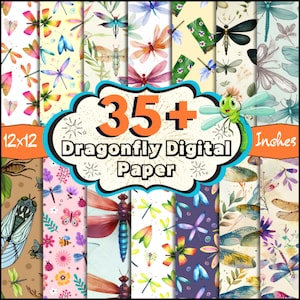Könnte beinhalten: Ein digitales Papierpaket mit über 35 Libellen-Designs. Die Designs zeigen verschiedene Farben, darunter Blau, Grün, Pink und Lila. Das Papier ist 12x12 Zoll groß.