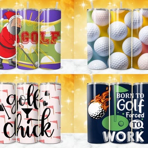 May include: Set of three stainless steel tumblers with different golf-themed designs. One tumbler features a Santa Claus playing golf, another has the word "GOLF" in large letters, and the third has a golf ball with flames and the text "Born to Golf Forced to Work".