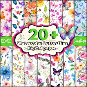 20 + Watercolor Butterflies Digital Paper Pack, Floral Background, Flower & Butterflies Scrapbook, Insect Clipart, Watercolor Digital Paper