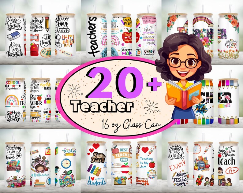 Peut inclure: Plus de 20 designs de gobelets pour enseignants sur des gobelets en verre de 473 ml. Les designs pr&eacute;sentent divers graphismes sur le th&egrave;me des enseignants, notamment des crayons, des livres, des tasses &agrave; caf&eacute; et des citations inspirantes.