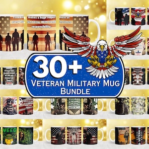May include: A collection of 30+ veteran military themed mugs. The mugs feature various patriotic designs, including American flags, soldiers, and military quotes. The text on the mugs reads "Freedom makes a huge requirement of every human being. With freedom comes responsibility." and "30+ Veteran Military Mug Bundle".