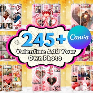 245 + Vasos con fotos para agregar en San Valentín, sublimación de San Valentín, vasos con fotos de pareja, vasos editables de Canva, vasos con amor en San Valentín PNG
