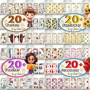 Peut inclure: Un collage de plus de 20 designs pour des emballages de canettes en verre de 473 ml. Les designs comprennent des th&egrave;mes Western, tournesol, enseignant et fraise. Chaque design pr&eacute;sente une vari&eacute;t&eacute; de motifs et de couleurs.