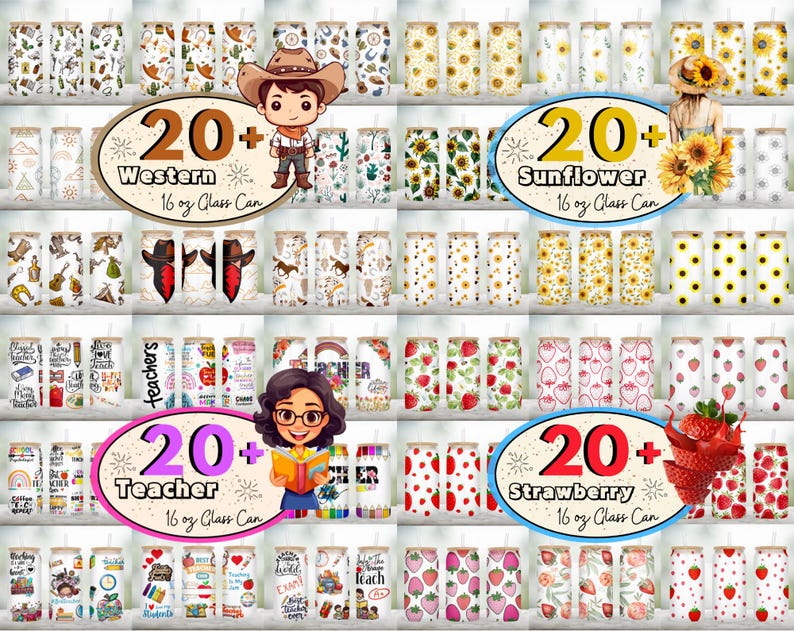 Peut inclure: Un collage de plus de 20 designs pour des emballages de canettes en verre de 473 ml. Les designs comprennent des th&egrave;mes Western, tournesol, enseignant et fraise. Chaque design pr&eacute;sente une vari&eacute;t&eacute; de motifs et de couleurs.