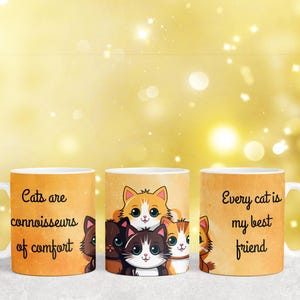 K&ouml;nnte beinhalten: Drei Keramikbecher mit Katzenillustrationen und Text. Der erste Becher sagt "Katzen sind Kenner des Komforts". Der zweite Becher zeigt eine Gruppe von vier Katzen mit dem Text "Jede Katze ist mein bester Freund". Der dritte Becher sagt "Jede Katze ist mein bester Freund".