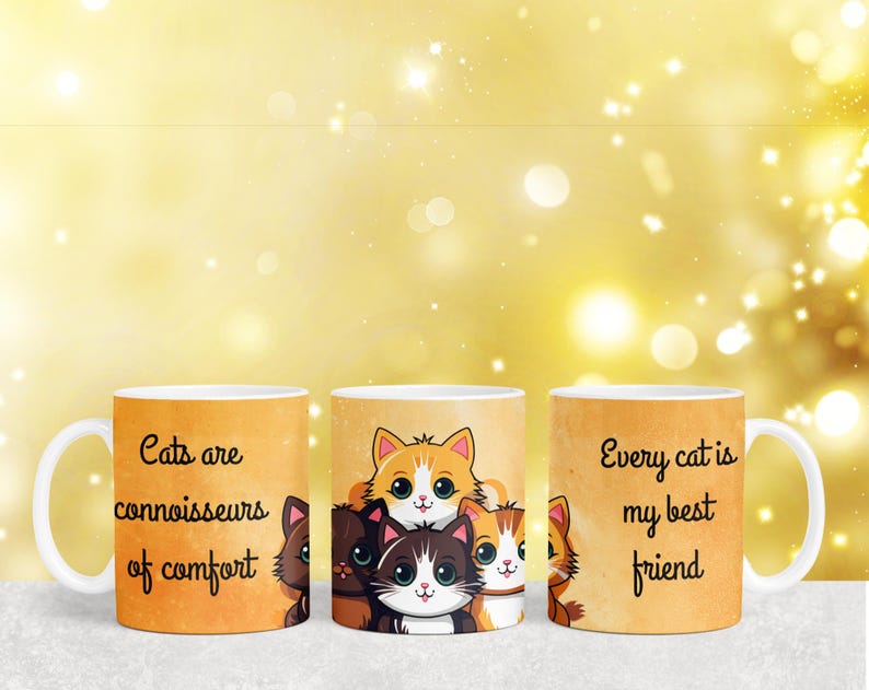 K&ouml;nnte beinhalten: Drei Keramikbecher mit Katzenillustrationen und Text. Der erste Becher sagt "Katzen sind Kenner des Komforts". Der zweite Becher zeigt eine Gruppe von vier Katzen mit dem Text "Jede Katze ist mein bester Freund". Der dritte Becher sagt "Jede Katze ist mein bester Freund".