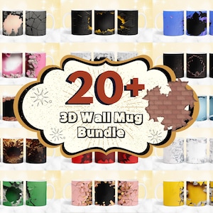 May include: A selection of ceramic mugs with diverse 3D wall designs. The mugs showcase designs like cracked walls, brick, marble, and floral patterns. The image includes the text "20+ 3D Wall Mug Bundle".