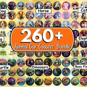 May include: A colorful set of 260+ animal car coasters. The coasters feature a variety of animals, including dogs, cats, horses, frogs, turtles, dinosaurs, and fish. The coasters are perfect for adding a touch of personality to your car.