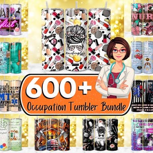 Könnte beinhalten: Ein Set mit über 600 Sublimationsdesigns für Becher mit verschiedenen Berufen, darunter Friseur, Krankenschwester, Rettungssanitäter, Feuerwehrmann und Make-up-Artist. Die Designs sind farbenfroh und zeigen verschiedene Grafiken und Texte.