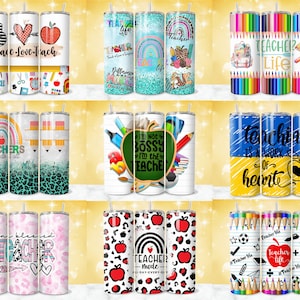 May include: Set of 10 colorful teacher-themed tumblers with various designs, including rainbows, apples, pencils, and inspirational quotes like "Peace Love Teach" and "Teaching is a work of heart".