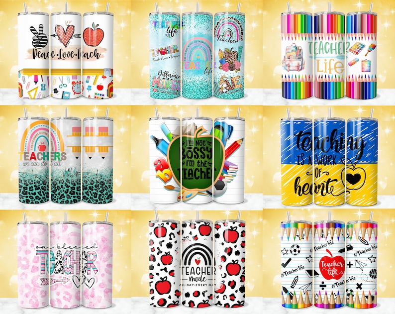 May include: Set of 10 colorful teacher-themed tumblers with various designs, including rainbows, apples, pencils, and inspirational quotes like "Peace Love Teach" and "Teaching is a work of heart".