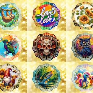 May include: A collection of nine decorative, scalloped-edge designs. The designs include a sloth hanging from a branch, the text "love is love" in rainbow colors, sunflowers, a hummingbird, a sugar skull, an owl, a gnome with sunflowers and a cow, a fish jumping out of water, and a group of cartoon ponies.