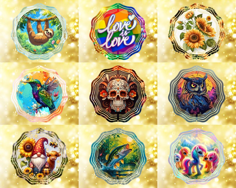 May include: A collection of nine decorative, scalloped-edge designs. The designs include a sloth hanging from a branch, the text "love is love" in rainbow colors, sunflowers, a hummingbird, a sugar skull, an owl, a gnome with sunflowers and a cow, a fish jumping out of water, and a group of cartoon ponies.