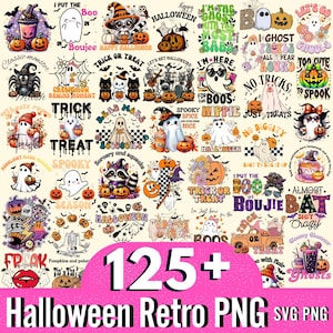 May include: A collection of Halloween-themed PNG and SVG graphics. The designs feature ghosts, pumpkins, bats, and other spooky elements. Text includes phrases like "Trick or Treat," "Boo," and "Happy Halloween." The image has a retro style with a pink banner that says "125+ Halloween Retro PNG SVG PNG."