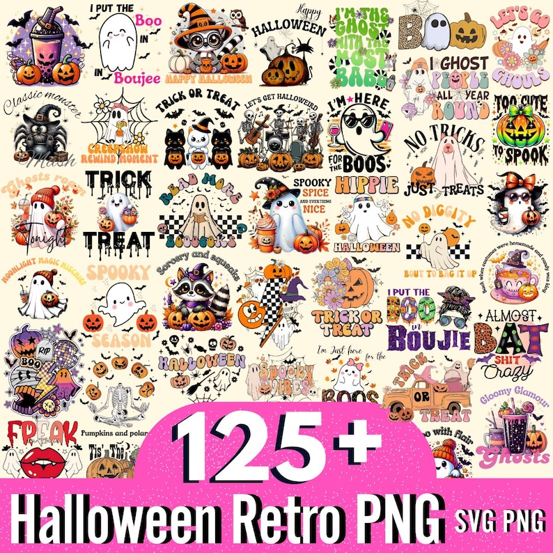 May include: A collection of Halloween-themed PNG and SVG graphics. The designs feature ghosts, pumpkins, bats, and other spooky elements. Text includes phrases like "Trick or Treat," "Boo," and "Happy Halloween." The image has a retro style with a pink banner that says "125+ Halloween Retro PNG SVG PNG."
