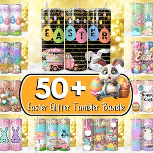 May include: A set of 50+ Easter-themed glitter tumblers. The tumblers feature various designs including bunnies, eggs, and the words "Happy Easter".